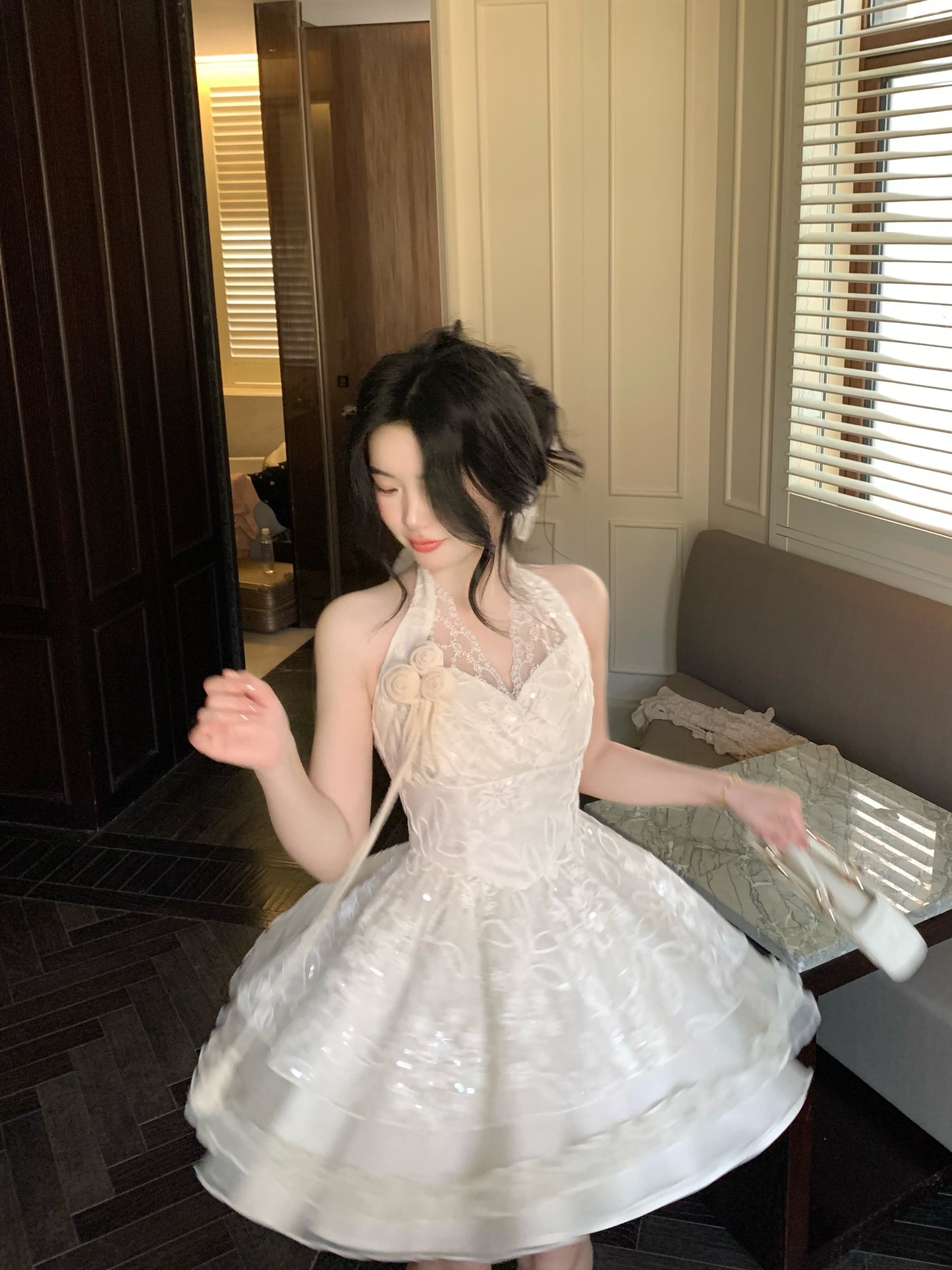 Pretty Ball Gown Halter Ivory Lace Short Mini Formal 8th Grade Homecoming Dresses Summer Middle School Hoco Dress Homecoming Outfits DH682