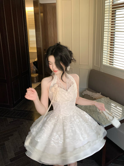 Pretty Ball Gown Halter Ivory Lace Short Mini Formal 8th Grade Homecoming Dresses Summer Middle School Hoco Dress Homecoming Outfits DH682