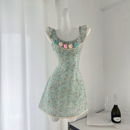 Sexy A line Square Neckline Summer Floral Green Dress Holiday Party Outfits For Women DP0024