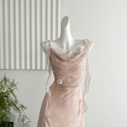 Cute Mermaid Straps Floral Pink Lace Long Summer Dress For Women DP0026