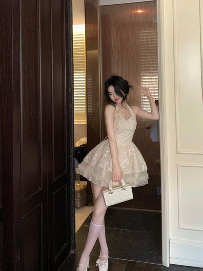 Pretty Ball Gown Halter Ivory Lace Short Mini Formal 8th Grade Homecoming Dresses Summer Middle School Hoco Dress Homecoming Outfits DH682