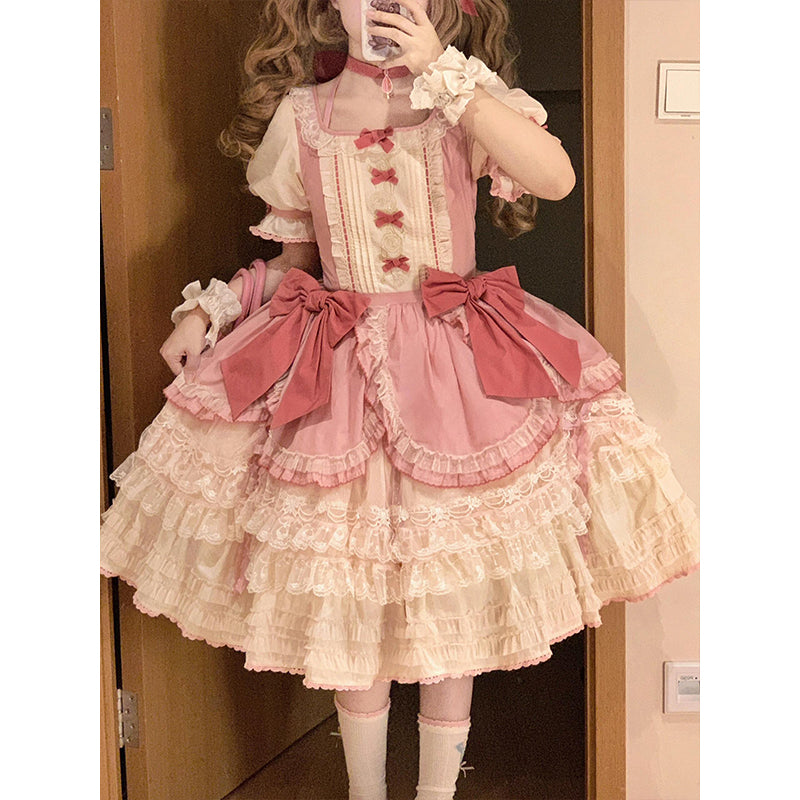 Sweet Ball Gown Square Neck Short Sleeves Gothic Pink Lace 16th Birthday Dress Lolita Dress Birthday Outfits W1118