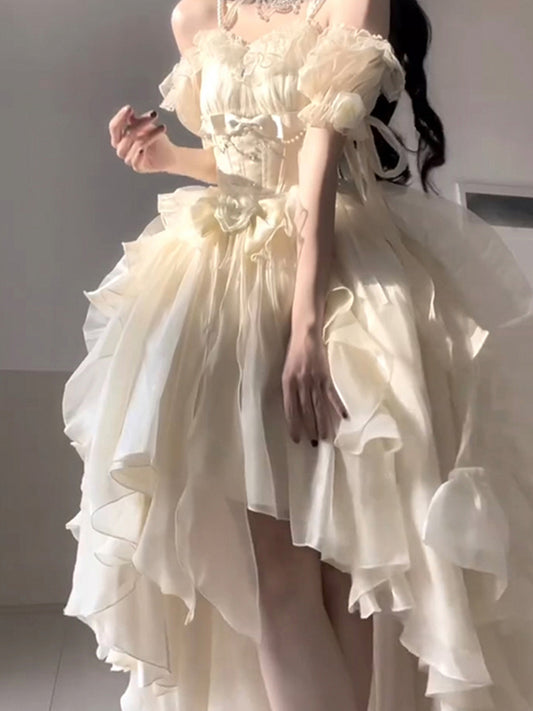 Vintage High Low Off The Shoulder Short Sleeves 16th Chiffon Birthday Dress Lolita Dress Birthday Outfits W1130