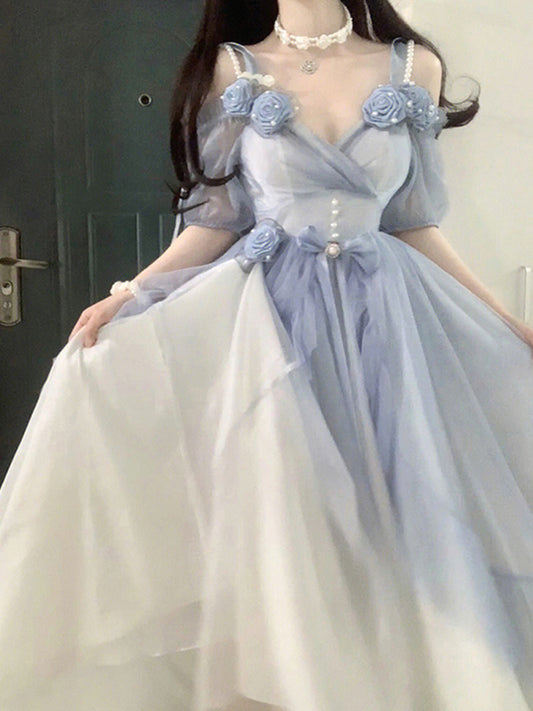 Sweet A line Sweetheart Blue Chiffon Floral Long 16th Birthday Dress Lolita Dress Birthday Outfits W1128