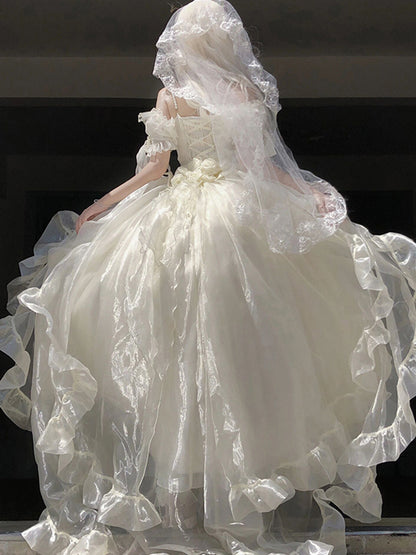 Princess Ball Gown Off The Shoulder Short Sleeves Ivory Floral 16th Chiffon Birthday Dress Lolita Dress 18th Birthday Outfits W1137