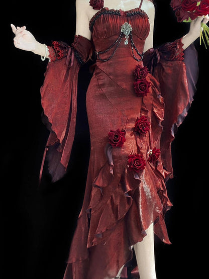 Robe sirène vintage à bretelles spaghetti bordeaux, style été 18e, rouge vin, avec manches, robe Lolita d'anniversaire, tenues d'anniversaire W1123
