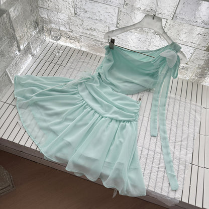 Robe d'été courte en mousseline de soie verte, asymétrique, coupe trapèze, tenue de fête, d'anniversaire, DP0147