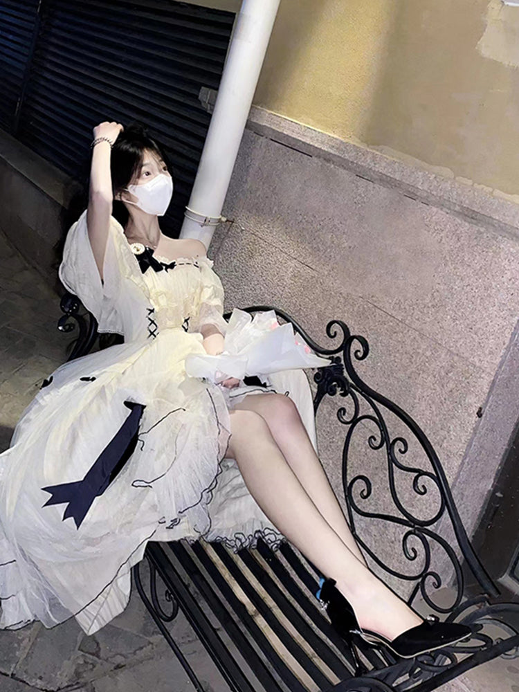 Robe de bal vintage à épaules dénudées et manches courtes, en tulle, tenue Lolita pour anniversaire de 16 ans, W1008