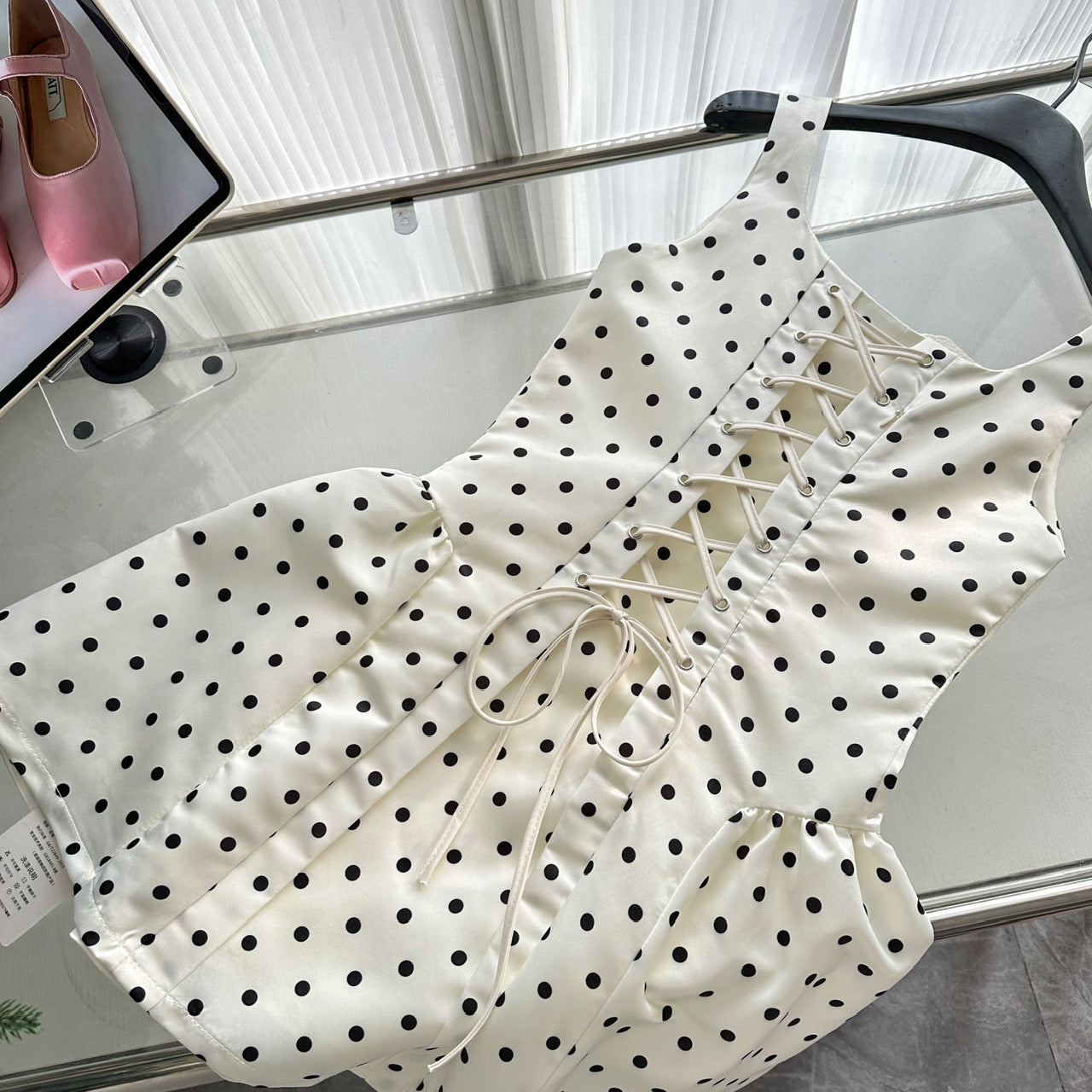 Robe de bal sexy en satin ivoire à pois, décolleté carré, courte, tenue d'été pour les fêtes et les vacances, DP0120