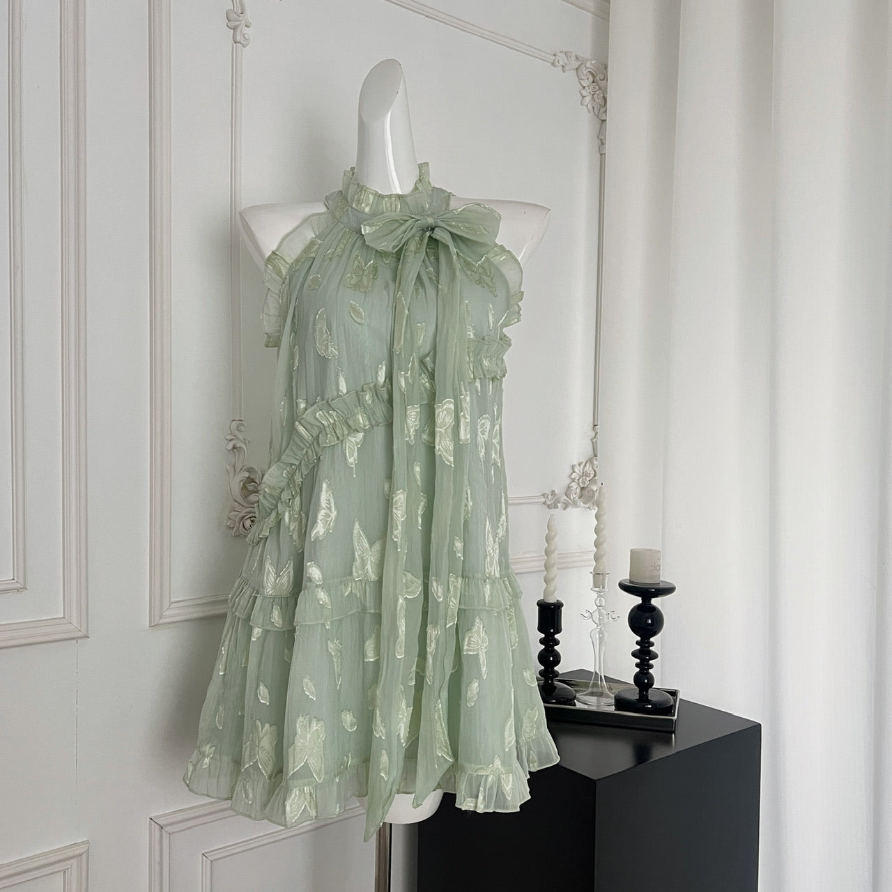 Robe d'été courte à fleurs vertes, coupe trapèze, col licou, pour femme, DP0020