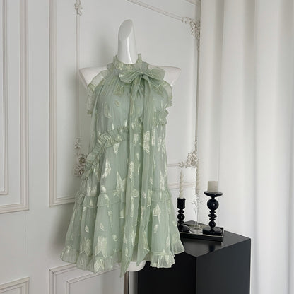 Robe d'été courte à fleurs vertes, coupe trapèze, col licou, pour femme, DP0020