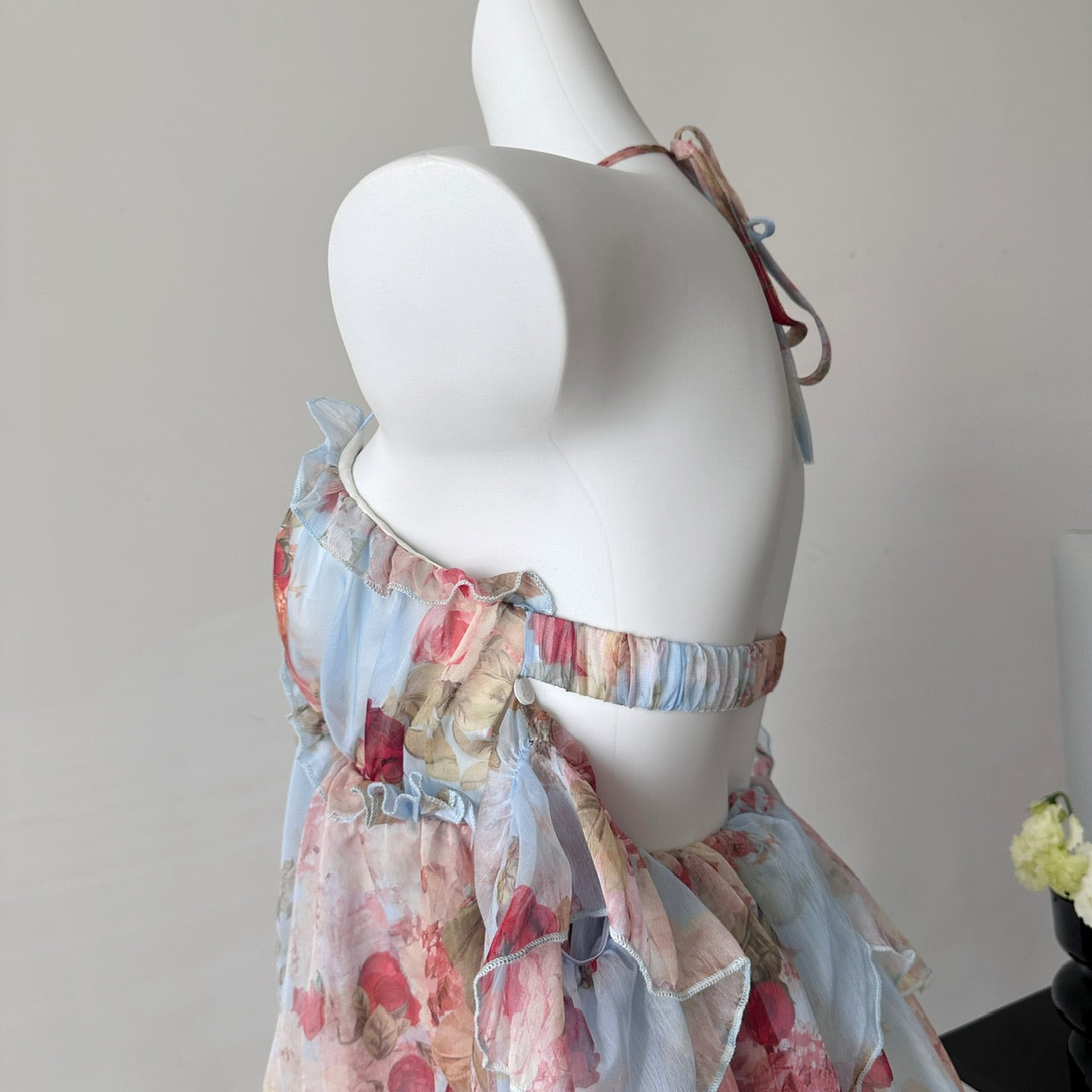 Robe d'été courte à fleurs roses, coupe trapèze, col licou, DP0015