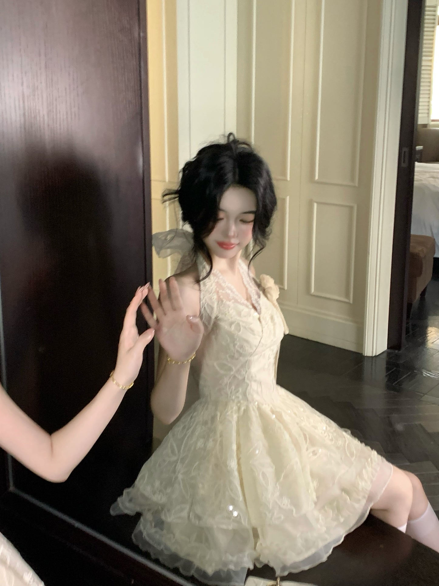 Pretty Ball Gown Halter Ivory Lace Short Mini Formal 8th Grade Homecoming Dresses Summer Middle School Hoco Dress Homecoming Outfits DH682