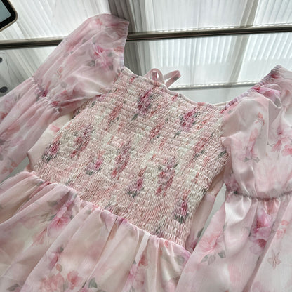 Robe d'été courte rose à fleurs, décolleté carré, coupe trapèze, tenue de fête, d'anniversaire, DP0139