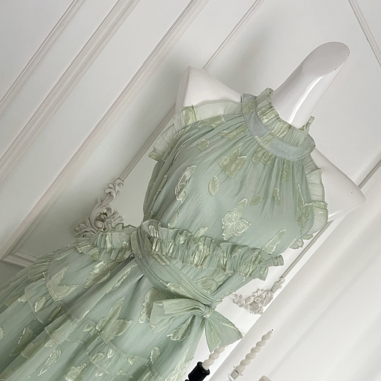 Robe d'été courte à fleurs vertes, coupe trapèze, col licou, pour femme, DP0020