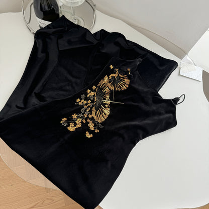 Sexy Mermaid Spaghetti Straps Black Velvet Long Summer Dress For Women DP0027