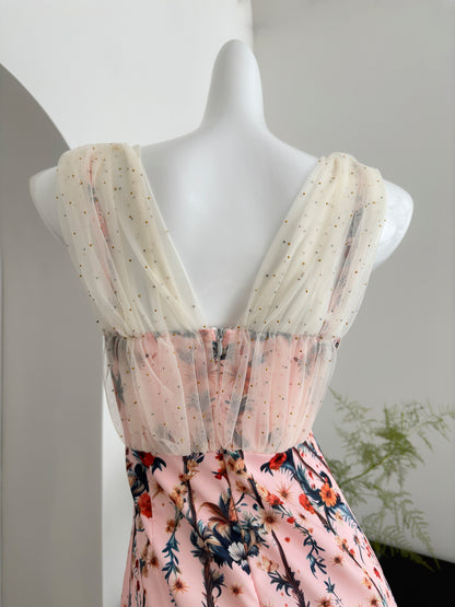 Cute Mermaid V Neckline Floral Pink Lace Long Summer Dress For Women DP0025