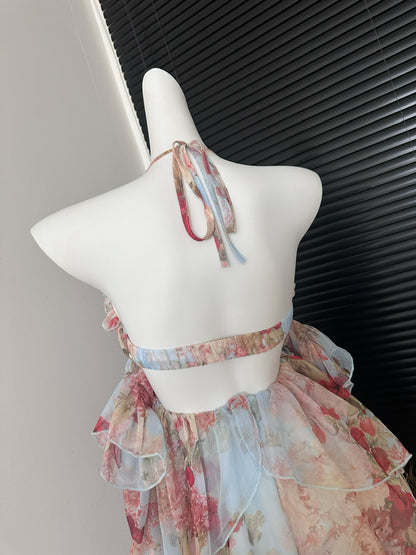Robe d'été courte à fleurs roses, coupe trapèze, col licou, DP0015