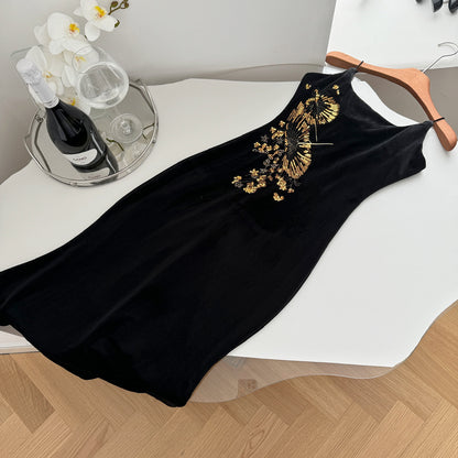 Sexy Mermaid Spaghetti Straps Black Velvet Long Summer Dress For Women DP0027