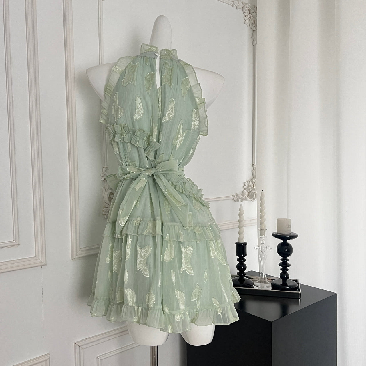 Robe d'été courte à fleurs vertes, coupe trapèze, col licou, pour femme, DP0020