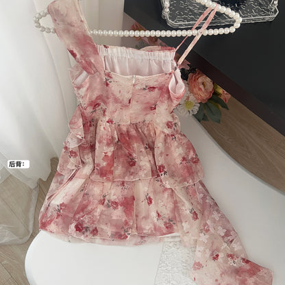 Robe courte d'été à bretelles trapèze rose à fleurs DP0014