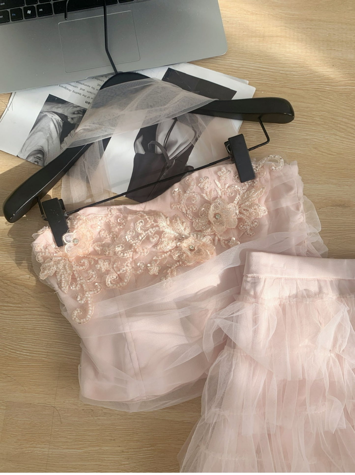 Robe d'été 2 pièces en tulle rose à bretelles spaghetti et volants, tenue de fête pour femmes, DP0094