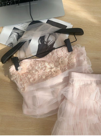 Robe d'été 2 pièces en tulle rose à bretelles spaghetti et volants, tenue de fête pour femmes, DP0094