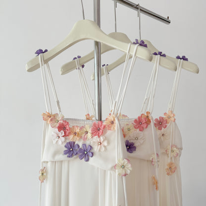 Cute A Line Spaghetti Straps Floral White Chiffon Summer Dress Holiday Party Outfits For Girls DP0130