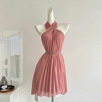 Robe d'été courte en mousseline de soie rose, décolleté licou, sexy, tenue de fête pour femmes, DP0119