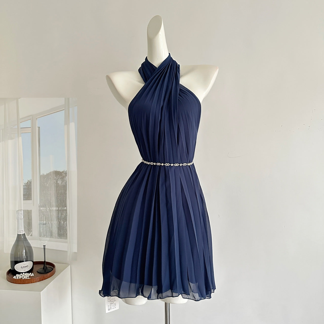 Robe d'été courte en mousseline de soie rose, décolleté licou, sexy, tenue de fête pour femmes, DP0119