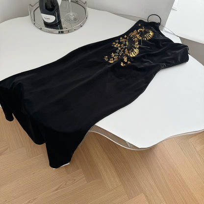Sexy Mermaid Spaghetti Straps Black Velvet Long Summer Dress For Women DP0027