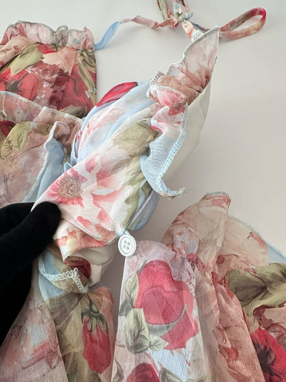 Robe d'été courte à fleurs roses, coupe trapèze, col licou, DP0015