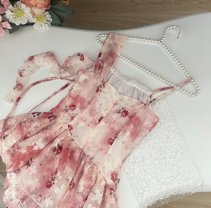 Robe courte d'été à bretelles trapèze rose à fleurs DP0014