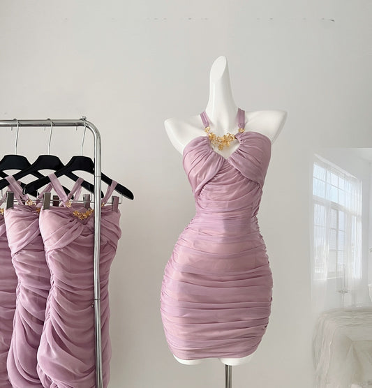 Sexy Sheath Halter Neckline Lilac Ruffles Summer Dress Holiday Party Outfits For Women DP0088
