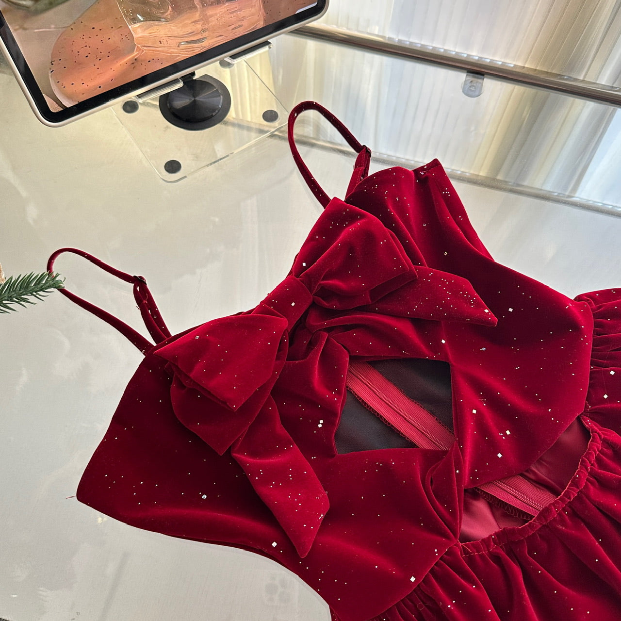 Robe d'été 3 pièces en velours rouge à bretelles spaghetti et volants pour femme, tenue de fête et de vacances DP0092