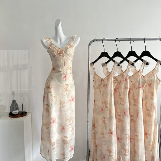 Simple Sheath V Neckline Pink Floral Chiffon Summer Dress Holiday Party Dress Birthday Outfits For Teens DP1409