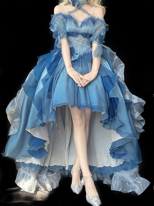 Magnifique robe Lolita en mousseline de soie à manches courtes et épaules dénudées, motif floral rose bleu, tenue d'anniversaire pour 16 ans, W1223