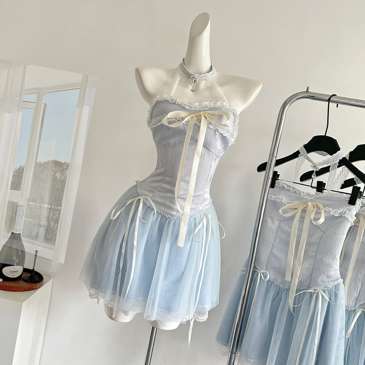 Robe d'été sexy à col licou, coupe trapèze, bleue, pour les fêtes, les retrouvailles, les anniversaires, pour adolescentes, DP1401