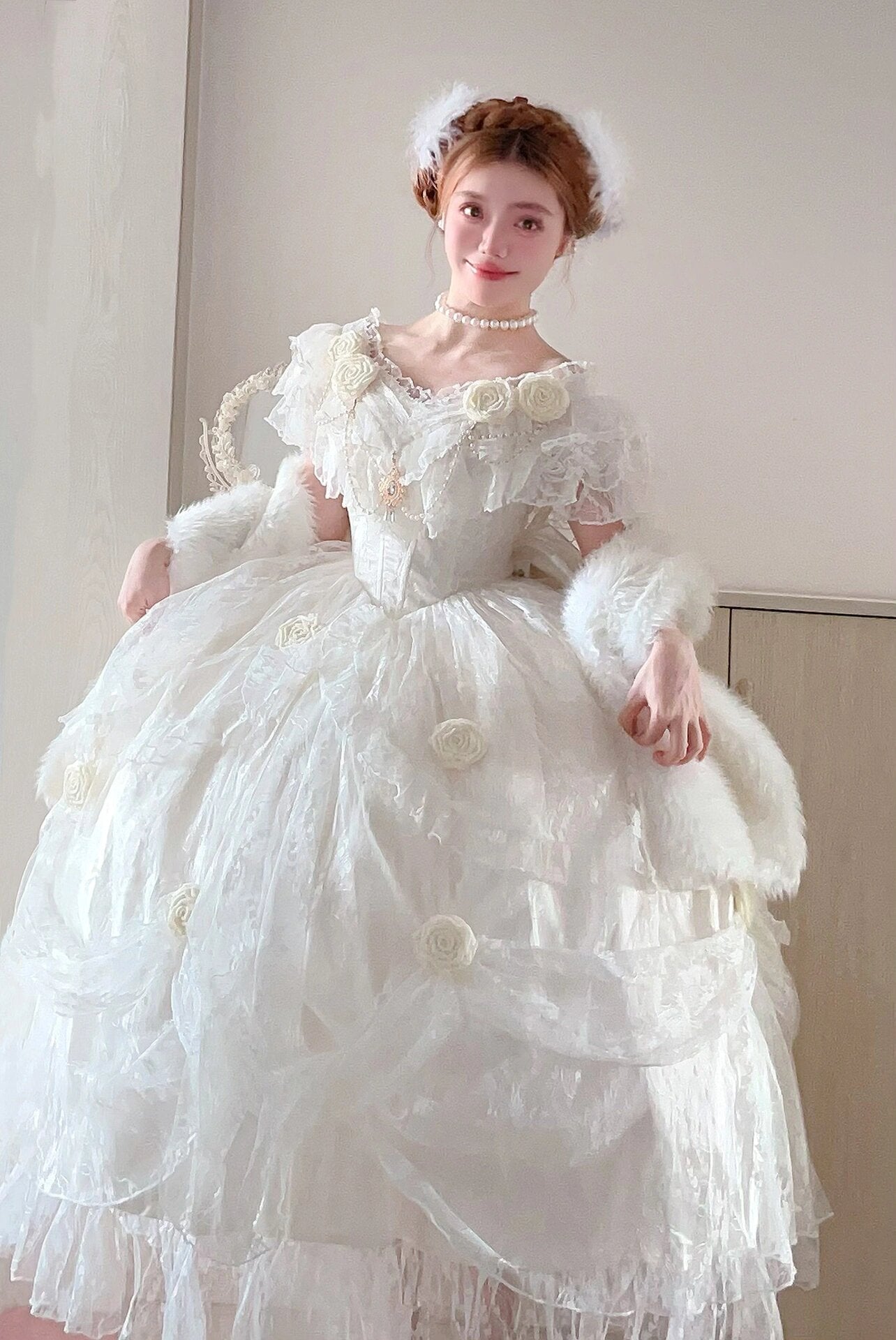 Retro Ball Gown Off The Shoulder Short Sleeves White Rose Floral 16th Chiffon Birthday Dress Lolita Dress 18th Birthday Outfits W1245