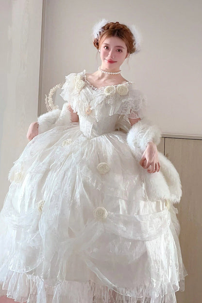 Retro Ball Gown Off The Shoulder Short Sleeves White Rose Floral 16th Chiffon Birthday Dress Lolita Dress 18th Birthday Outfits W1245