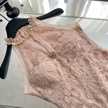 Sexy Sheath Jewel Floral Pink Lace Summer Dress Holiday Party Outfits For Women DP0087