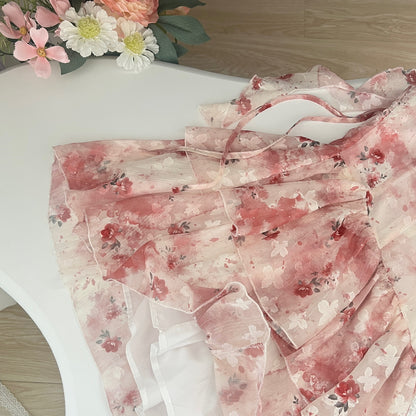 Robe courte d'été à bretelles trapèze rose à fleurs DP0014