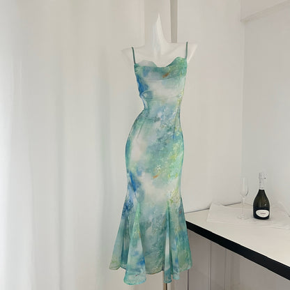 Robe d'été longue verte à bretelles spaghetti et motif sirène pour femme DP0016