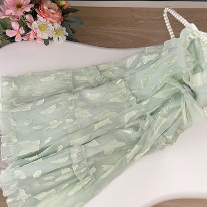 Robe d'été courte à fleurs vertes, coupe trapèze, col licou, pour femme, DP0020