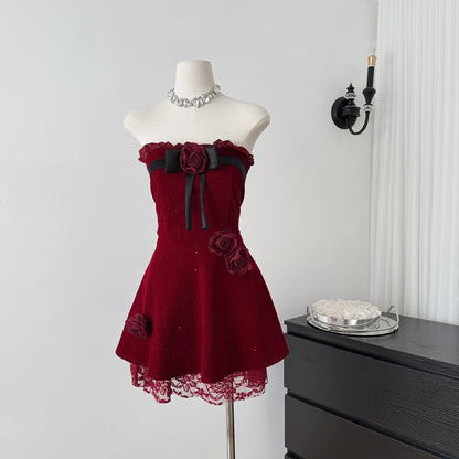 Sexy A line Strapless Summer Burgundy Velvet Dress Holiday Party Outfits For Women DP0028