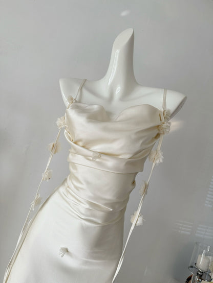 Cute A line Spaghetti Straps Champagne Floral Long Satin Summer Dress For Women DP0009