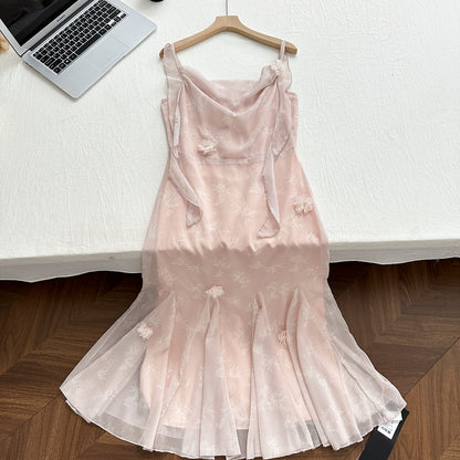 Cute Mermaid Straps Floral Pink Lace Long Summer Dress For Women DP0026