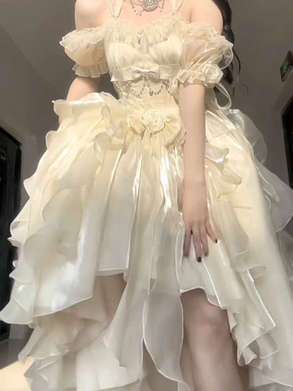 Robe vintage Lolita en mousseline de soie, manches courtes, épaules dénudées, pour 16e anniversaire, tenue d'anniversaire W1130
