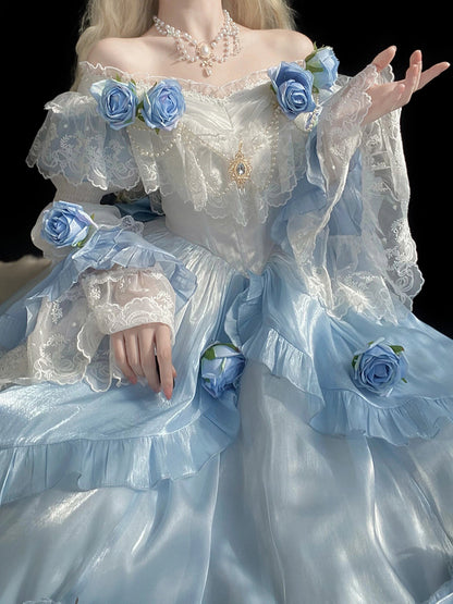 Robe de bal vintage à épaules dénudées et manches courtes, tenue d'été Lolita bleue pour 16e anniversaire, tenue d'anniversaire W1126