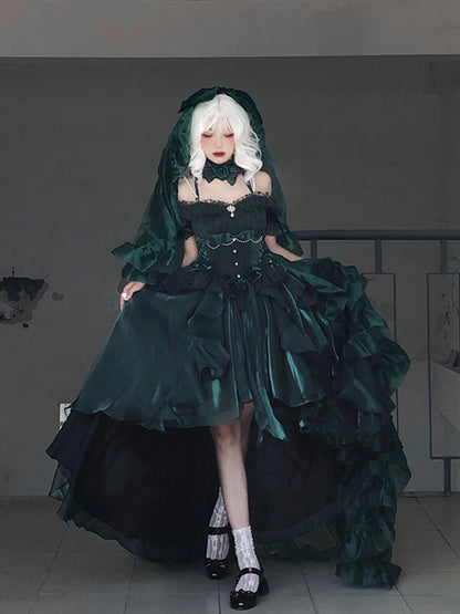 Princess Ball Gown Off The Shoulder Short Sleeves Dark Green High Low Floral 16th Chiffon Birthday Dress Lolita Dress 18th Birthday Outfits W1199